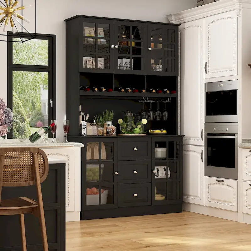 Küchenvorratsschrank und Buffetschrank mit Aufsatz, Weinregal und Glastüren, 78.9 in., Weiß, Schwarz