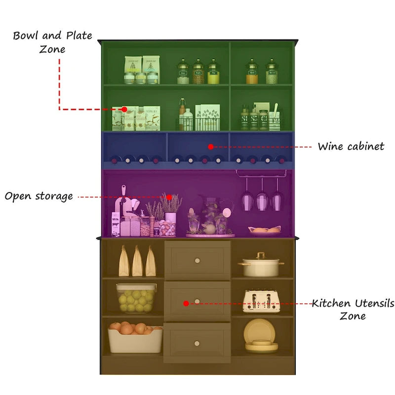 Küchenvorratsschrank und Buffetschrank mit Aufsatz, Weinregal und Glastüren, 78.9 in., Weiß, Schwarz