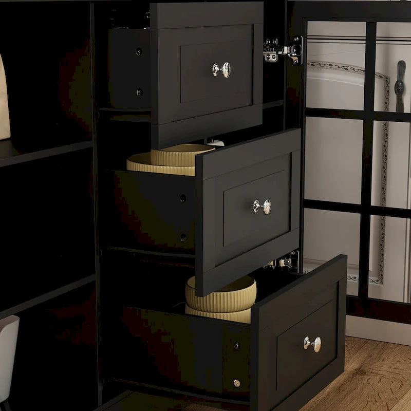Küchenvorratsschrank und Buffetschrank mit Aufsatz, Weinregal und Glastüren, 78.9 in., Weiß, Schwarz