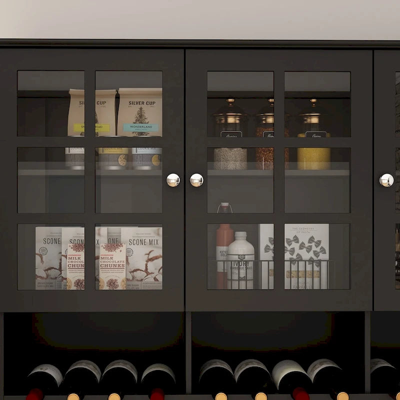Küchenvorratsschrank und Buffetschrank mit Aufsatz, Weinregal und Glastüren, 78.9 in., Weiß, Schwarz