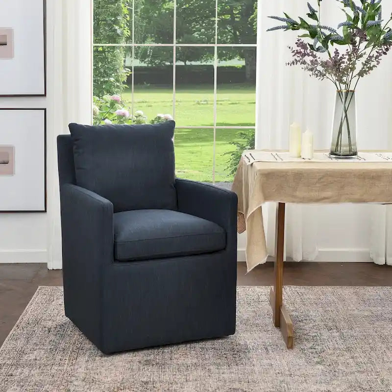 Performance Fabric Rolling Dining Armchair with Casters Down Padded Indigo Mocha Ivory
