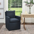 Performance Fabric Rolling Dining Armchair with Casters Down Padded Indigo Mocha Ivory