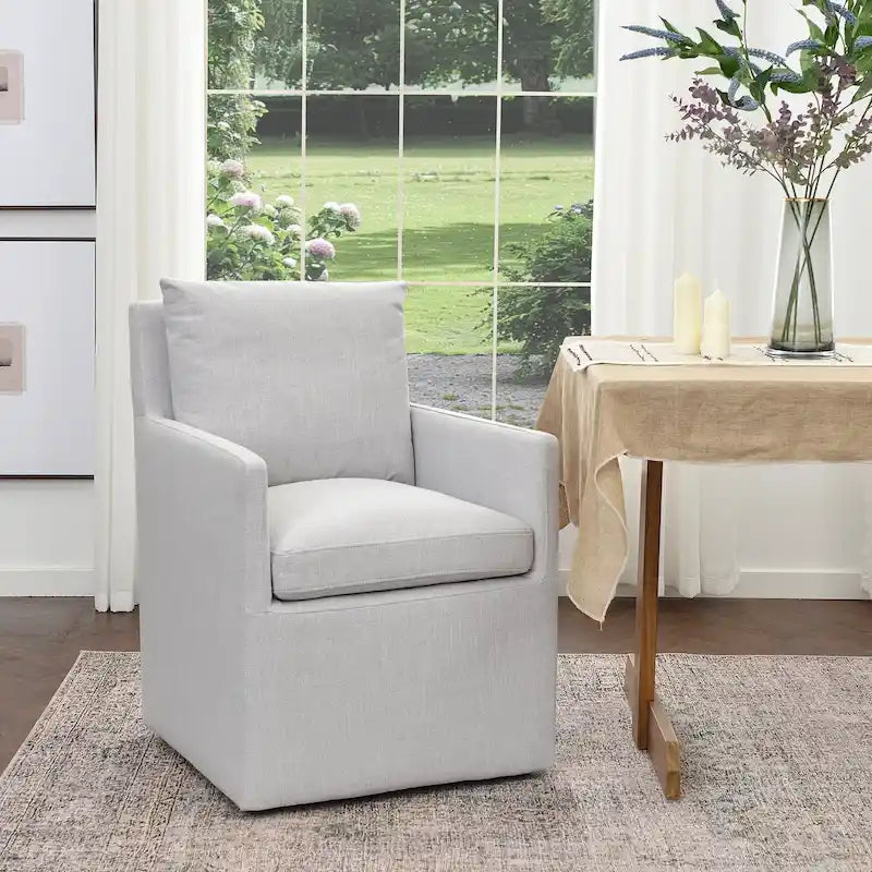 Performance Fabric Rolling Dining Armchair with Casters Down Padded Indigo Mocha Ivory