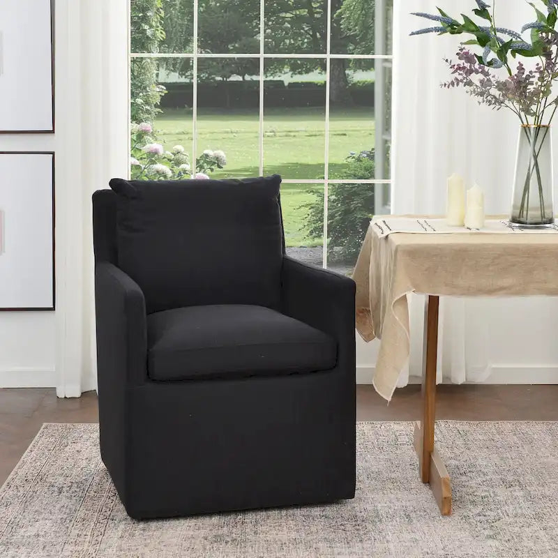 Performance Fabric Rolling Dining Armchair with Casters Down Padded Indigo Mocha Ivory