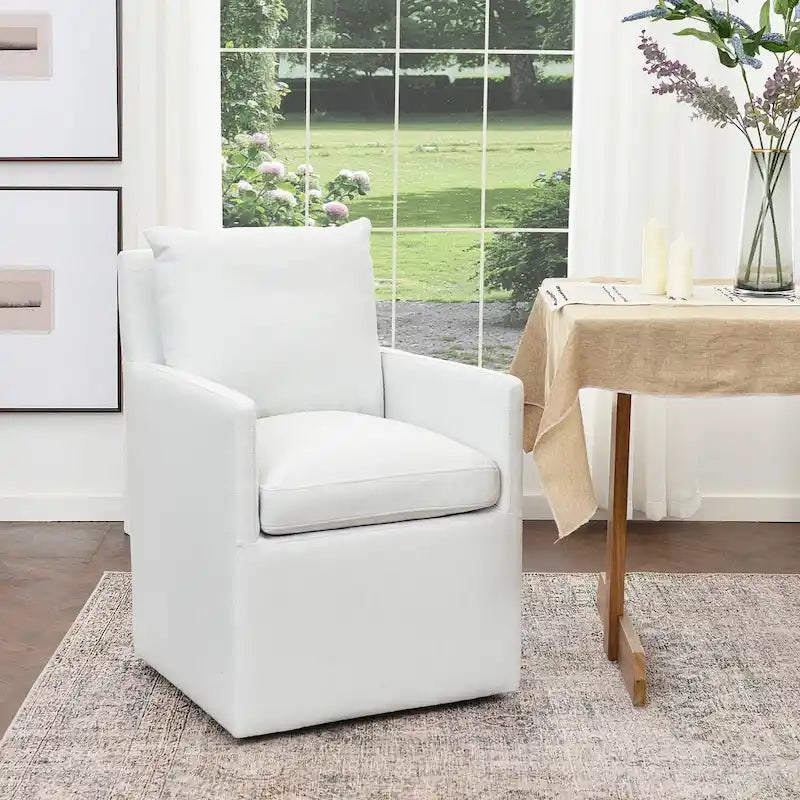 Performance Fabric Rolling Dining Armchair with Casters Down Padded Indigo Mocha Ivory
