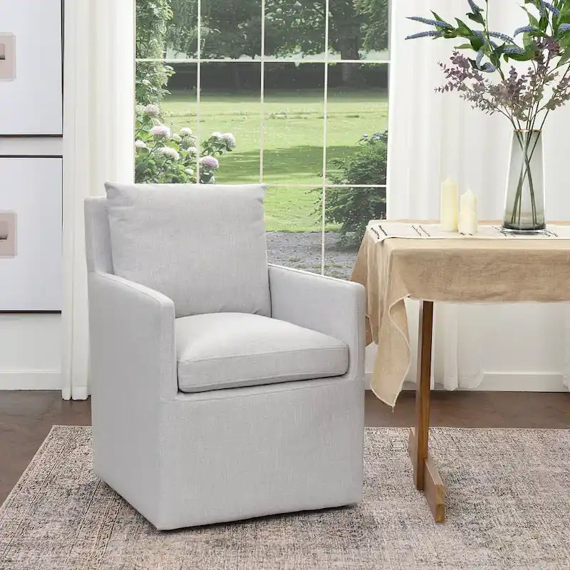 Performance Fabric Rolling Dining Armchair with Casters Down Padded Indigo Mocha Ivory