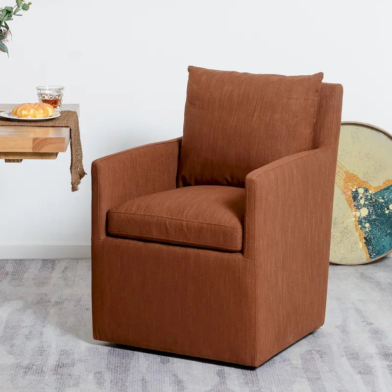 Performance Fabric Rolling Dining Armchair with Casters Down Padded Indigo Mocha Ivory