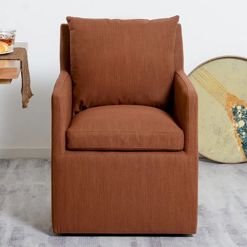 Performance Fabric Rolling Dining Armchair with Casters Down Padded Indigo Mocha Ivory