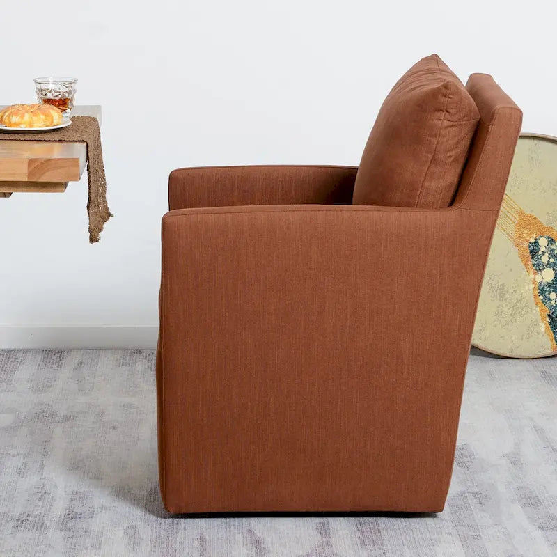 Performance Fabric Rolling Dining Armchair with Casters Down Padded Indigo Mocha Ivory
