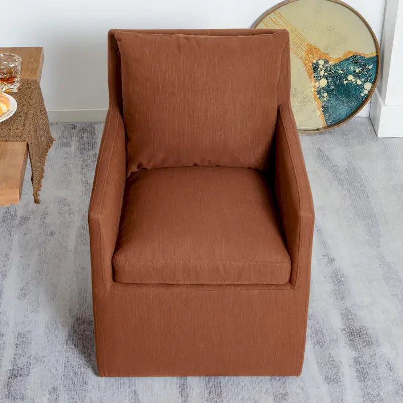 Performance Fabric Rolling Dining Armchair with Casters Down Padded Indigo Mocha Ivory
