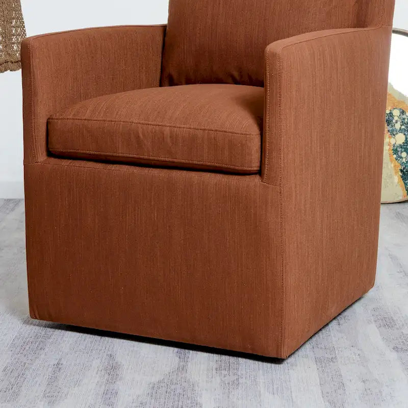 Performance Fabric Rolling Dining Armchair with Casters Down Padded Indigo Mocha Ivory