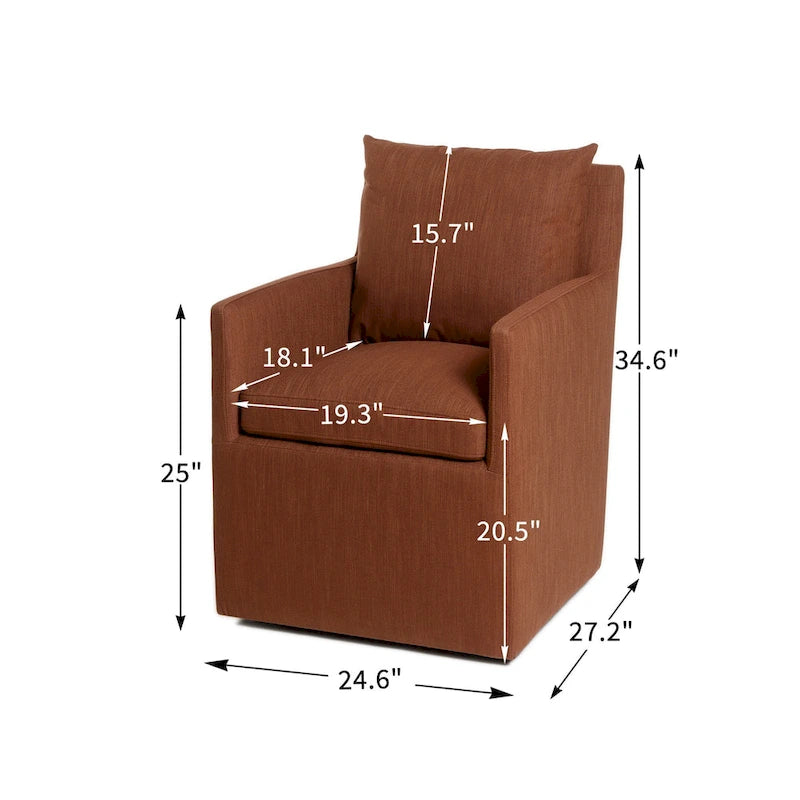 Performance Fabric Rolling Dining Armchair with Casters Down Padded Indigo Mocha Ivory