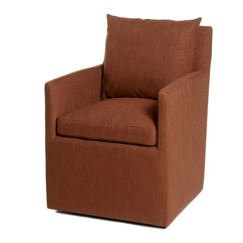 Performance Fabric Rolling Dining Armchair with Casters Down Padded Indigo Mocha Ivory