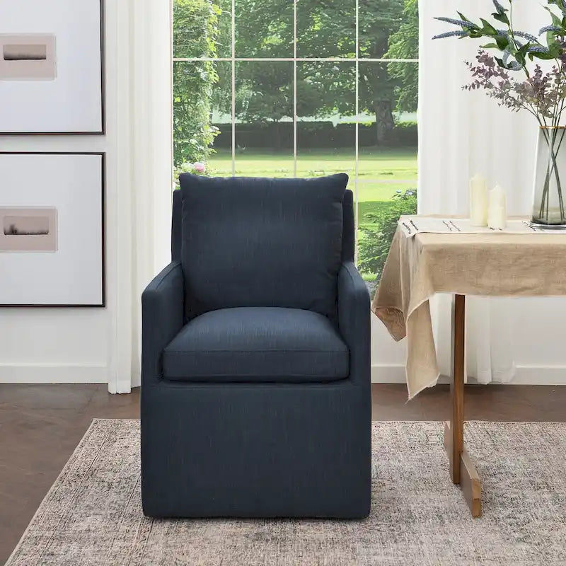 Performance Fabric Rolling Dining Armchair with Casters Down Padded Indigo Mocha Ivory