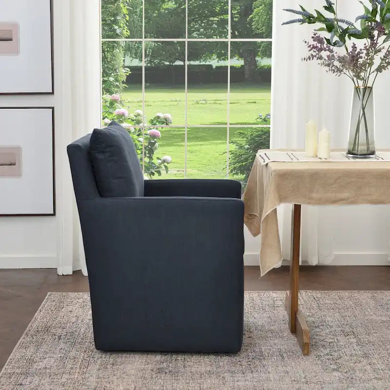 Performance Fabric Rolling Dining Armchair with Casters Down Padded Indigo Mocha Ivory