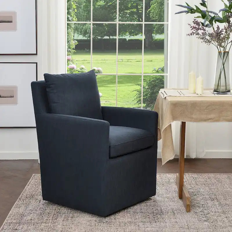 Performance Fabric Rolling Dining Armchair with Casters Down Padded Indigo Mocha Ivory