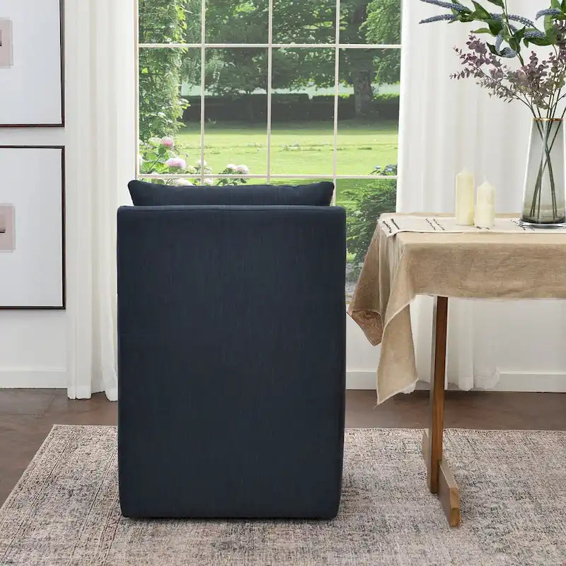 Performance Fabric Rolling Dining Armchair with Casters Down Padded Indigo Mocha Ivory