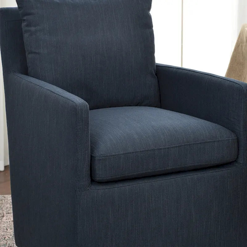 Performance Fabric Rolling Dining Armchair with Casters Down Padded Indigo Mocha Ivory