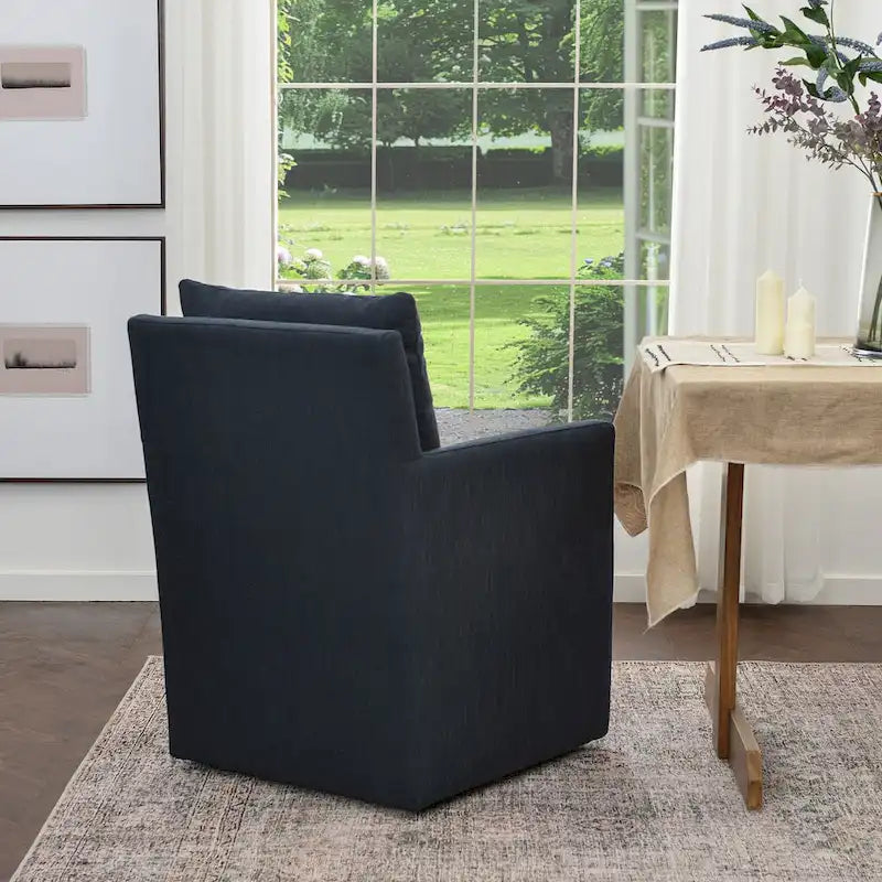 Performance Fabric Rolling Dining Armchair with Casters Down Padded Indigo Mocha Ivory
