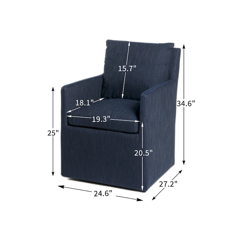 Performance Fabric Rolling Dining Armchair with Casters Down Padded Indigo Mocha Ivory