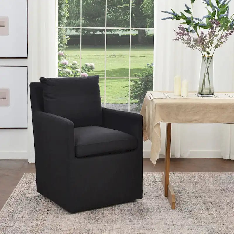 Performance Fabric Rolling Dining Armchair with Casters Down Padded Indigo Mocha Ivory