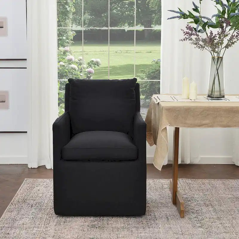 Performance Fabric Rolling Dining Armchair with Casters Down Padded Indigo Mocha Ivory