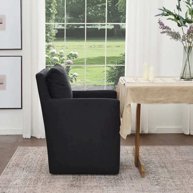 Performance Fabric Rolling Dining Armchair with Casters Down Padded Indigo Mocha Ivory