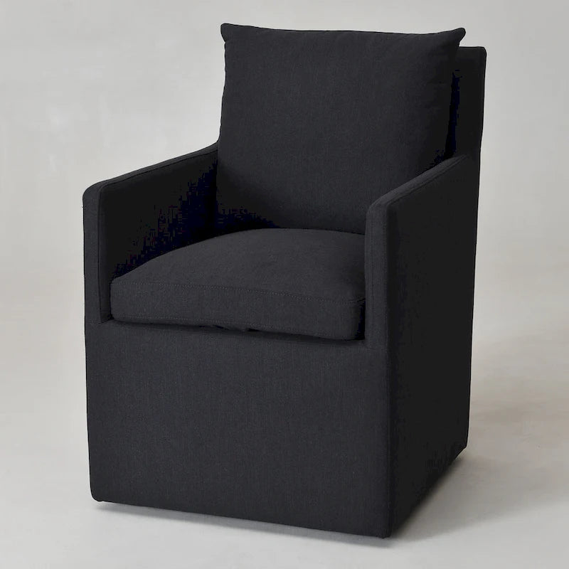 Performance Fabric Rolling Dining Armchair with Casters Down Padded Indigo Mocha Ivory
