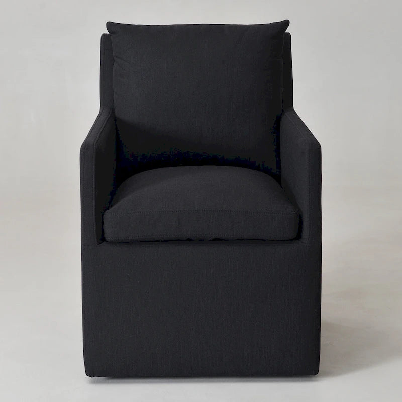 Performance Fabric Rolling Dining Armchair with Casters Down Padded Indigo Mocha Ivory