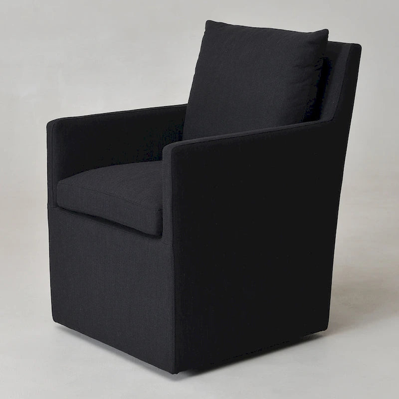 Performance Fabric Rolling Dining Armchair with Casters Down Padded Indigo Mocha Ivory