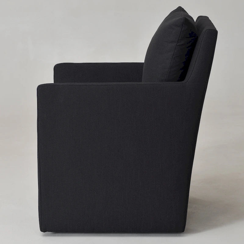 Performance Fabric Rolling Dining Armchair with Casters Down Padded Indigo Mocha Ivory
