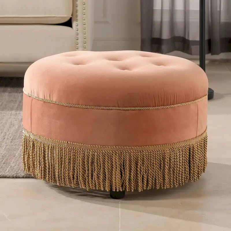 Round Velvet Tufted Ottoman with Tassel Fringe Birch Frame Peach Orange Gold Yellow