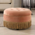 Round Velvet Tufted Ottoman with Tassel Fringe Birch Frame Peach Orange Gold Yellow