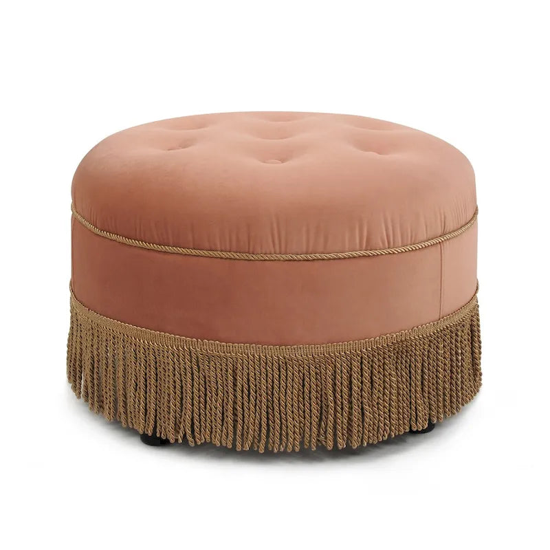 Round Velvet Tufted Ottoman with Tassel Fringe Birch Frame Peach Orange Gold Yellow