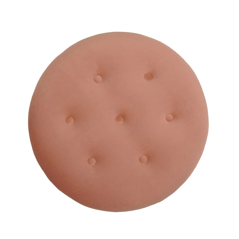 Round Velvet Tufted Ottoman with Tassel Fringe Birch Frame Peach Orange Gold Yellow