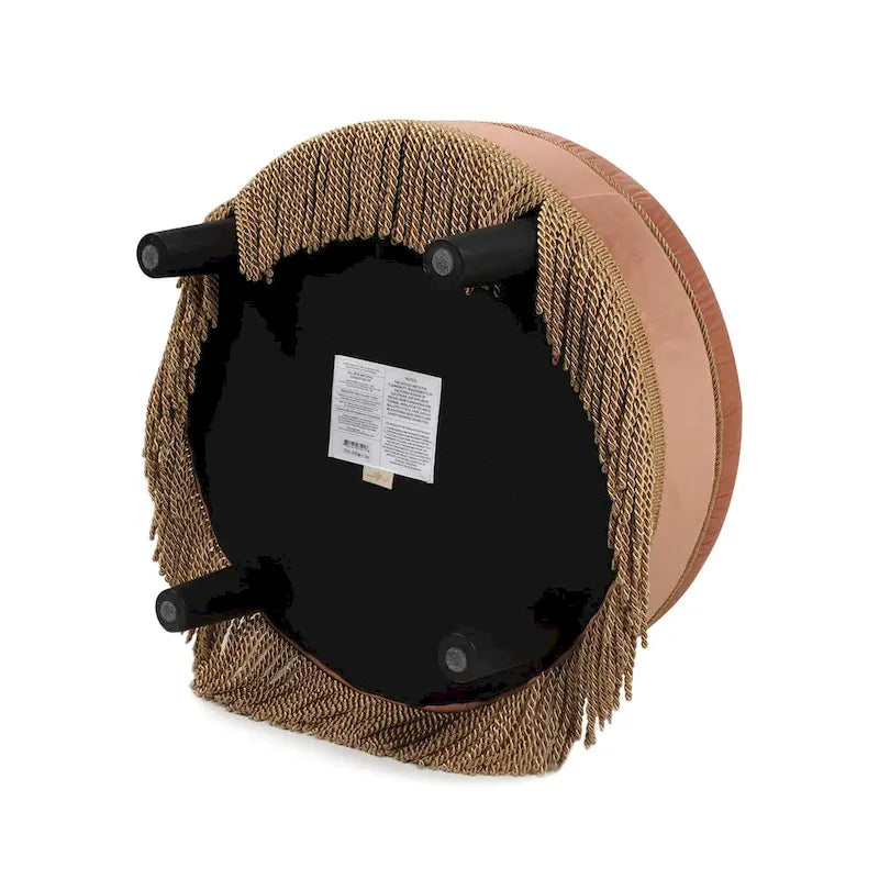 Round Velvet Tufted Ottoman with Tassel Fringe Birch Frame Peach Orange Gold Yellow
