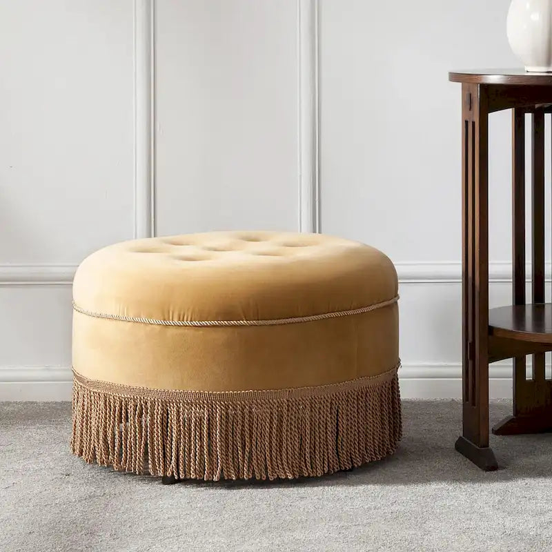 Round Velvet Tufted Ottoman with Tassel Fringe Birch Frame Peach Orange Gold Yellow