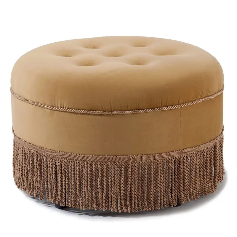Round Velvet Tufted Ottoman with Tassel Fringe Birch Frame Peach Orange Gold Yellow