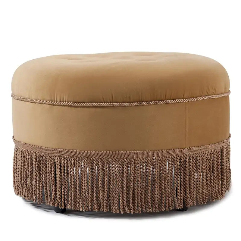 Round Velvet Tufted Ottoman with Tassel Fringe Birch Frame Peach Orange Gold Yellow