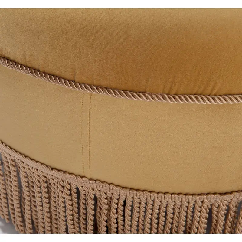 Round Velvet Tufted Ottoman with Tassel Fringe Birch Frame Peach Orange Gold Yellow
