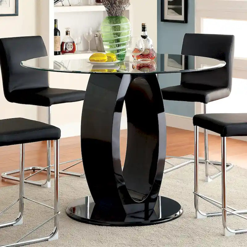 48-Inch Round Tempered Glass Counter Height Table O-Shaped Pedestal High-Gloss Black White