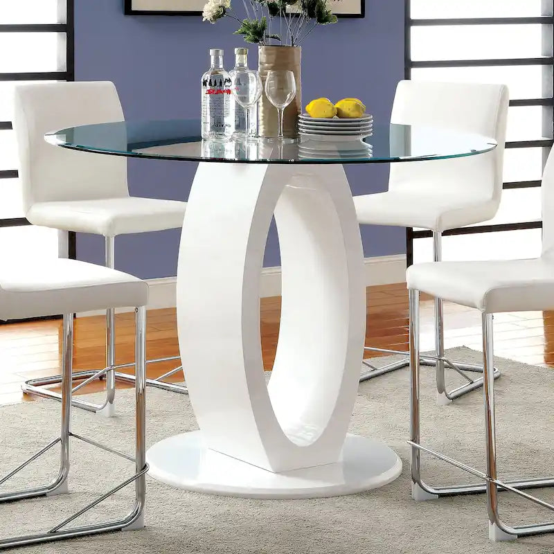 48-Inch Round Tempered Glass Counter Height Table O-Shaped Pedestal High-Gloss Black White