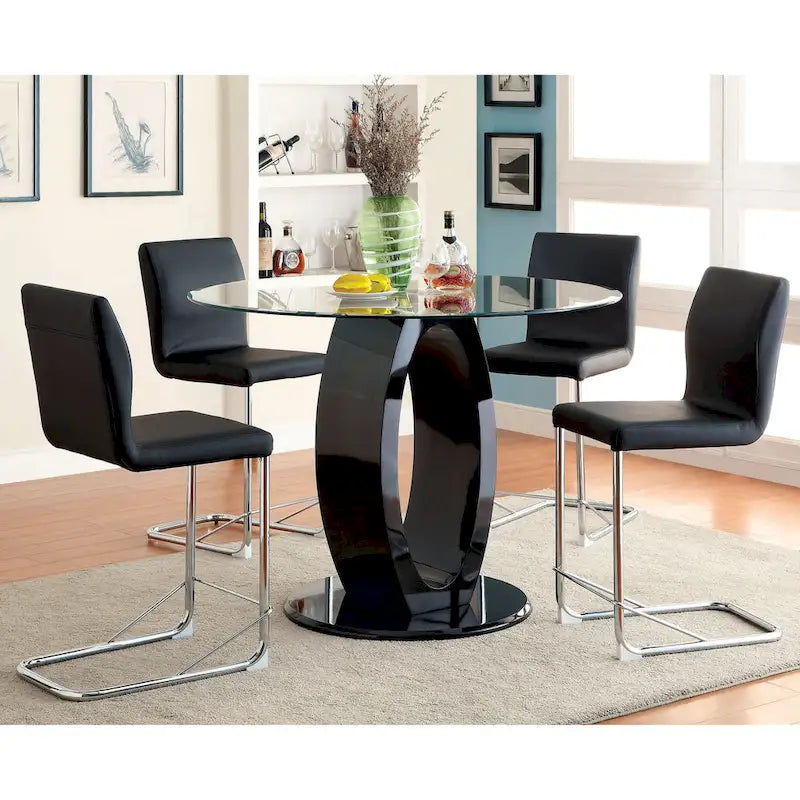 48-Inch Round Tempered Glass Counter Height Table O-Shaped Pedestal High-Gloss Black White