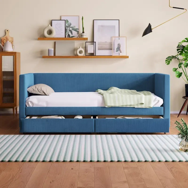 Corduroy Upholstered Twin Daybed with Storage Drawers Tufted Headboard