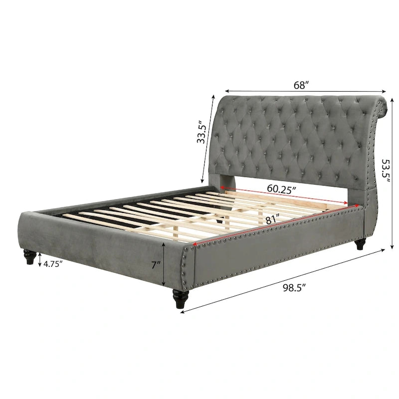 Graues Samt-Schlittenbett, Knopfheftung, geschwungenes Kopfteil, Nagelkopfbesatz, Queen, King