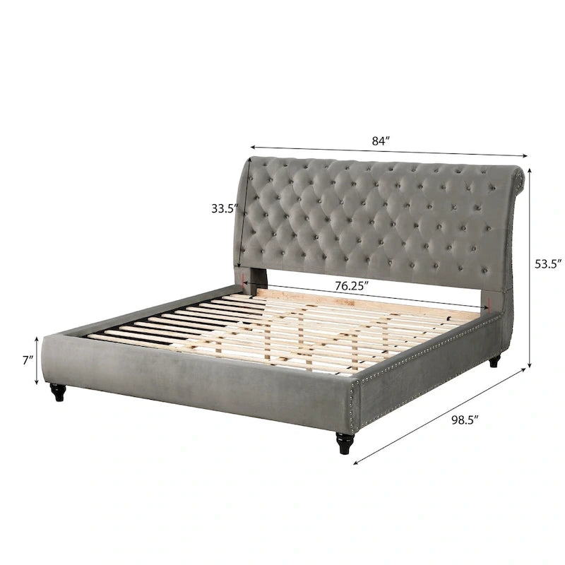 Graues Samt-Schlittenbett, Knopfheftung, geschwungenes Kopfteil, Nagelkopfbesatz, Queen, King