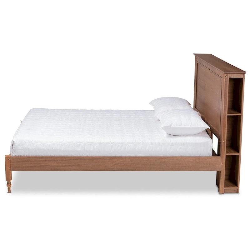 Rustic Platform Storage Bed with Headboard Shelves Ring-Turned Legs Walnut Full Queen King