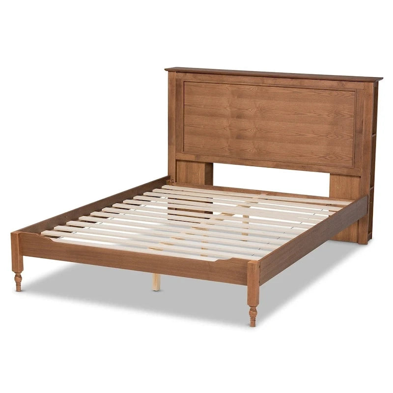 Rustic Platform Storage Bed with Headboard Shelves Ring-Turned Legs Walnut Full Queen King