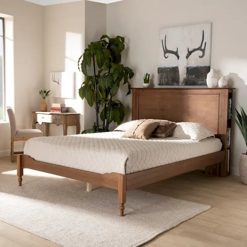 Rustic Platform Storage Bed with Headboard Shelves Ring-Turned Legs Walnut Full Queen King