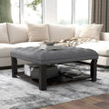 Square Cocktail Ottoman Linen Tufted Nailhead Trim Bottom Shelf 150 lb 35.5W Grey Beige